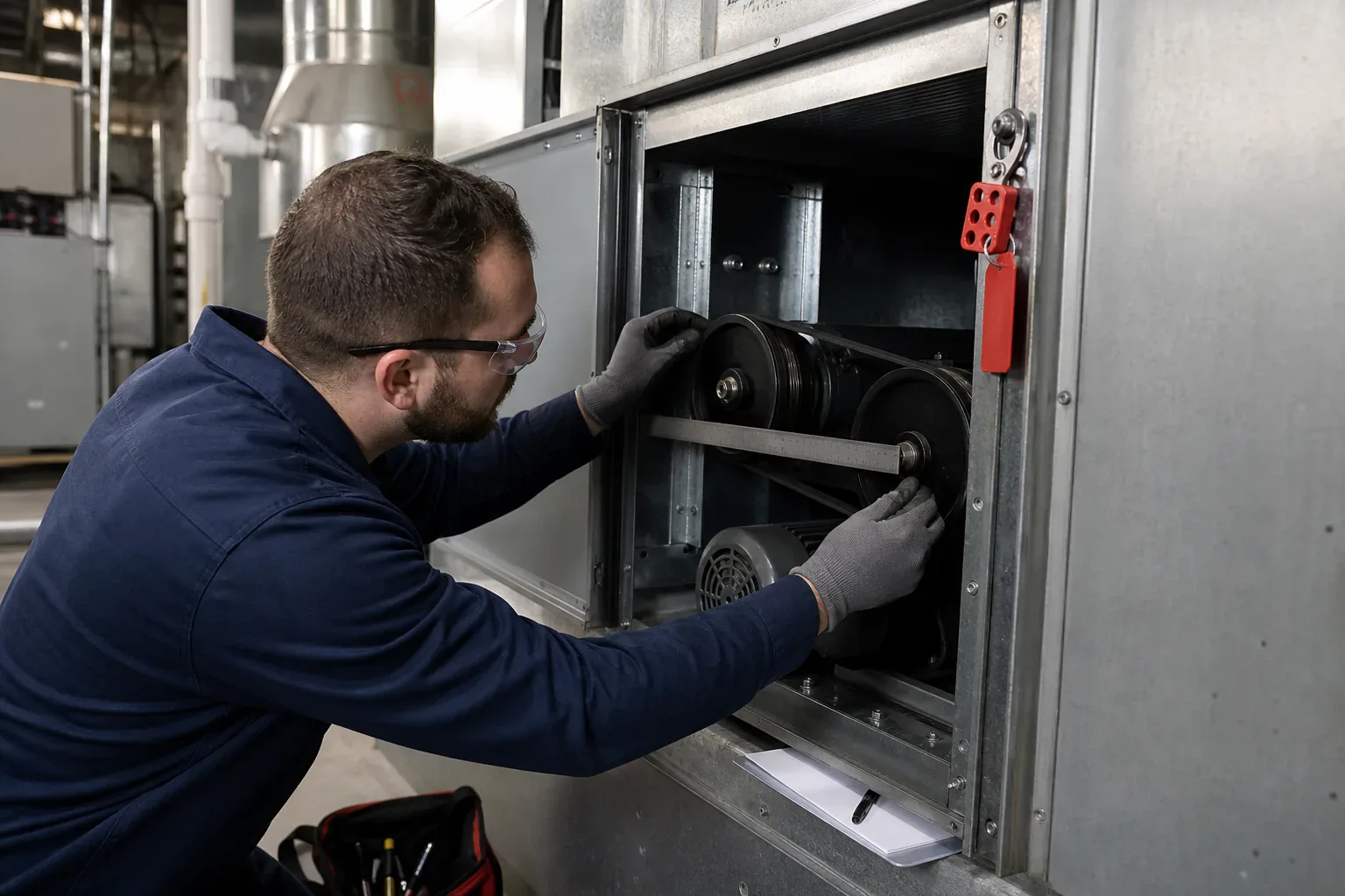 An HVAC technician inspecting a commercial air-handler belt and pulley assembly under lockout