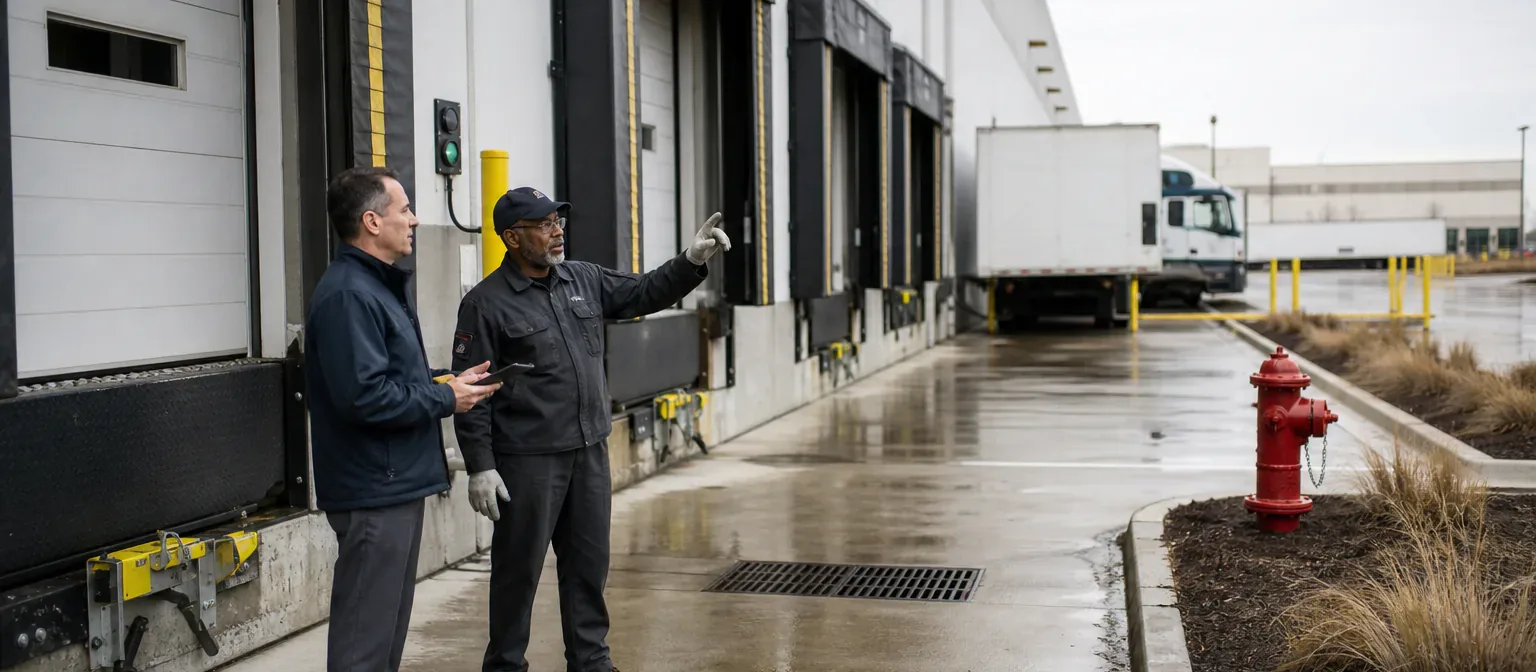 A property manager and facility lead inspecting warehouse loading docks after rain