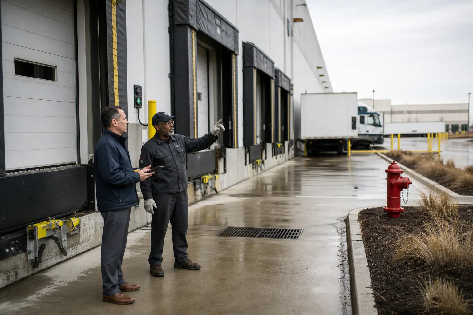 A property manager and facility lead inspecting warehouse loading docks after rain
