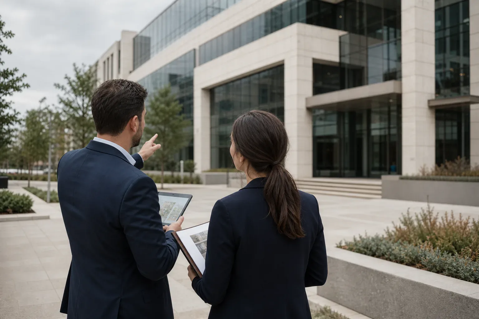 Commercial real estate advisors evaluating a modern office property from the plaza