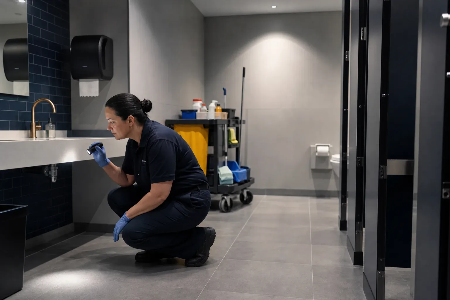 A janitorial quality inspector checking details in a modern commercial restroom