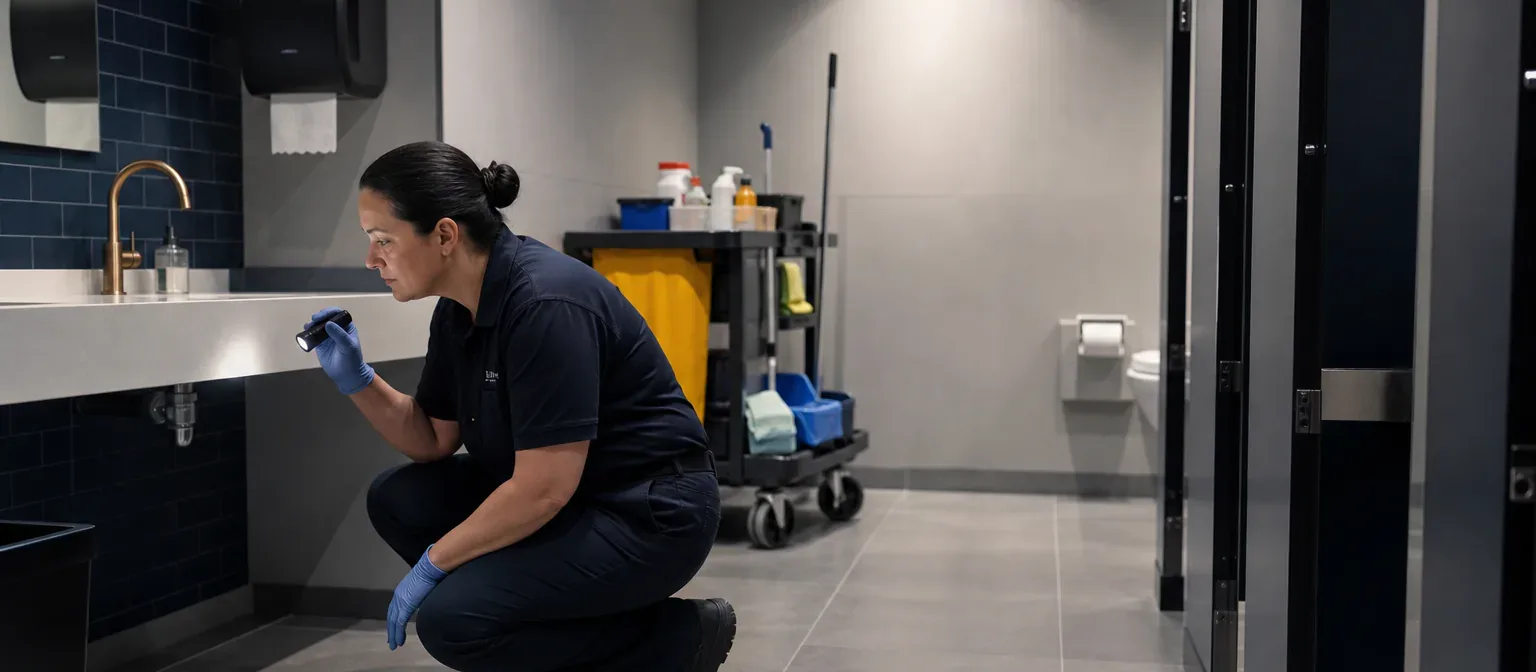 A janitorial quality inspector checking details in a modern commercial restroom