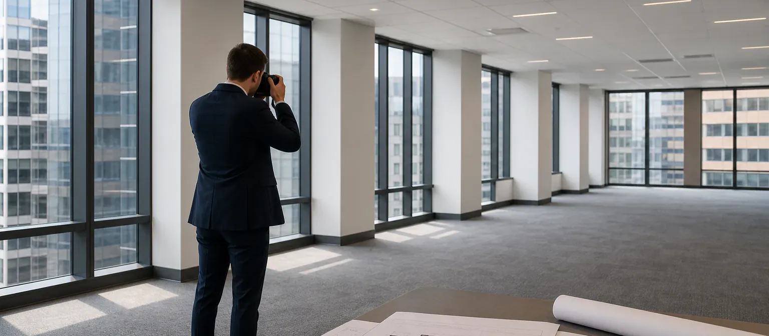 A landlord representative photographing a vacant office suite for marketing documentation