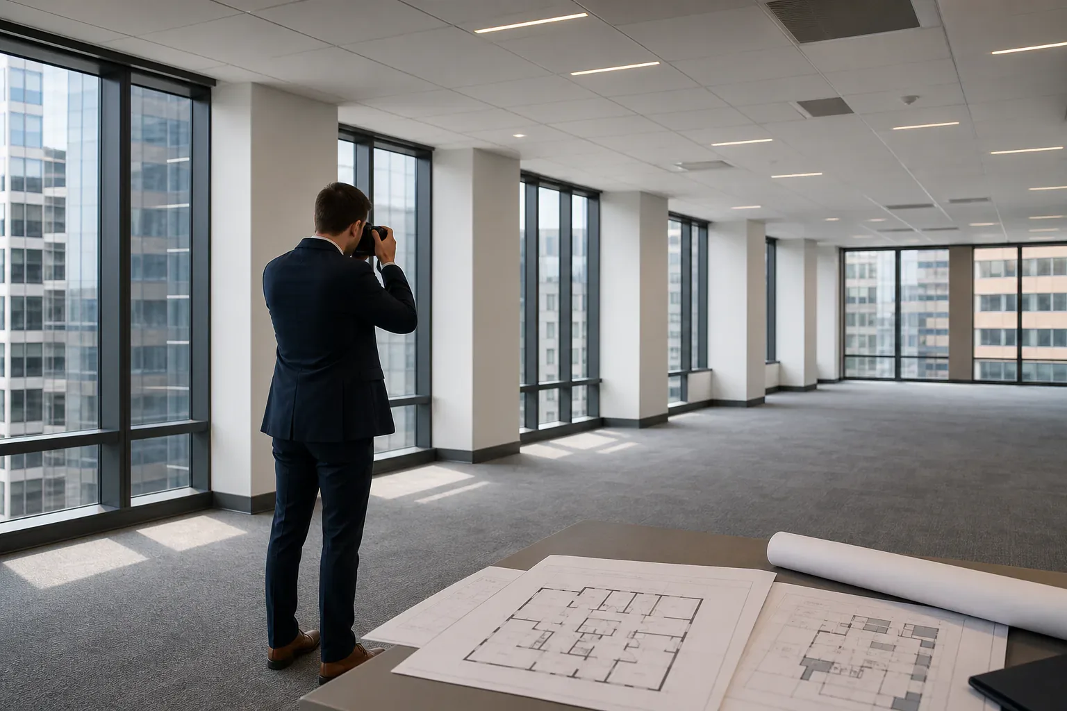 A landlord representative photographing a vacant office suite for marketing documentation