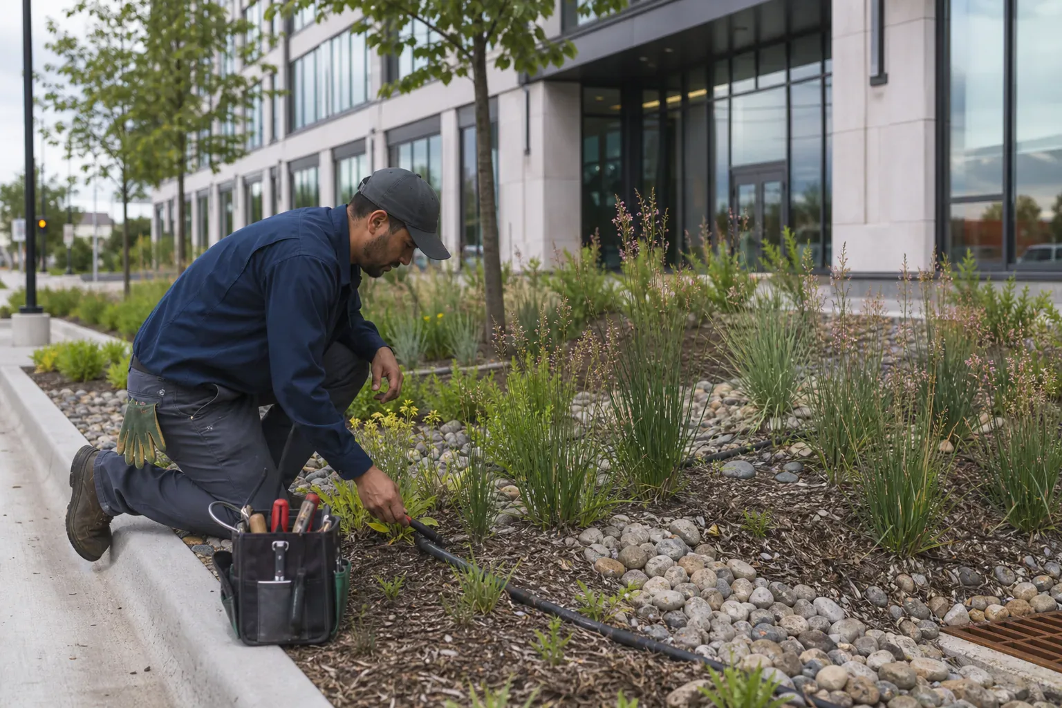 A grounds specialist inspecting a drip irrigation line in a commercial landscape bed