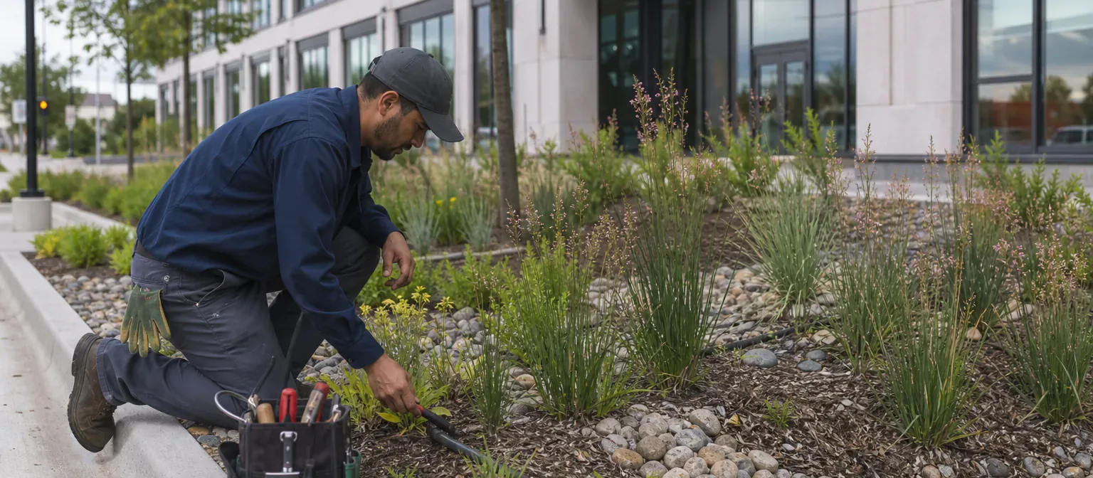 A grounds specialist inspecting a drip irrigation line in a commercial landscape bed