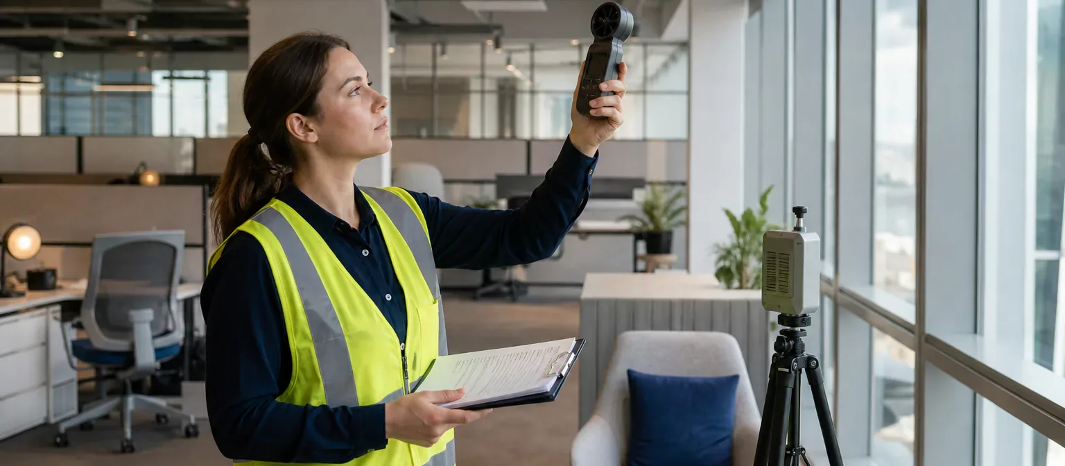 A building specialist measuring indoor air and daylight conditions for certification documentation
