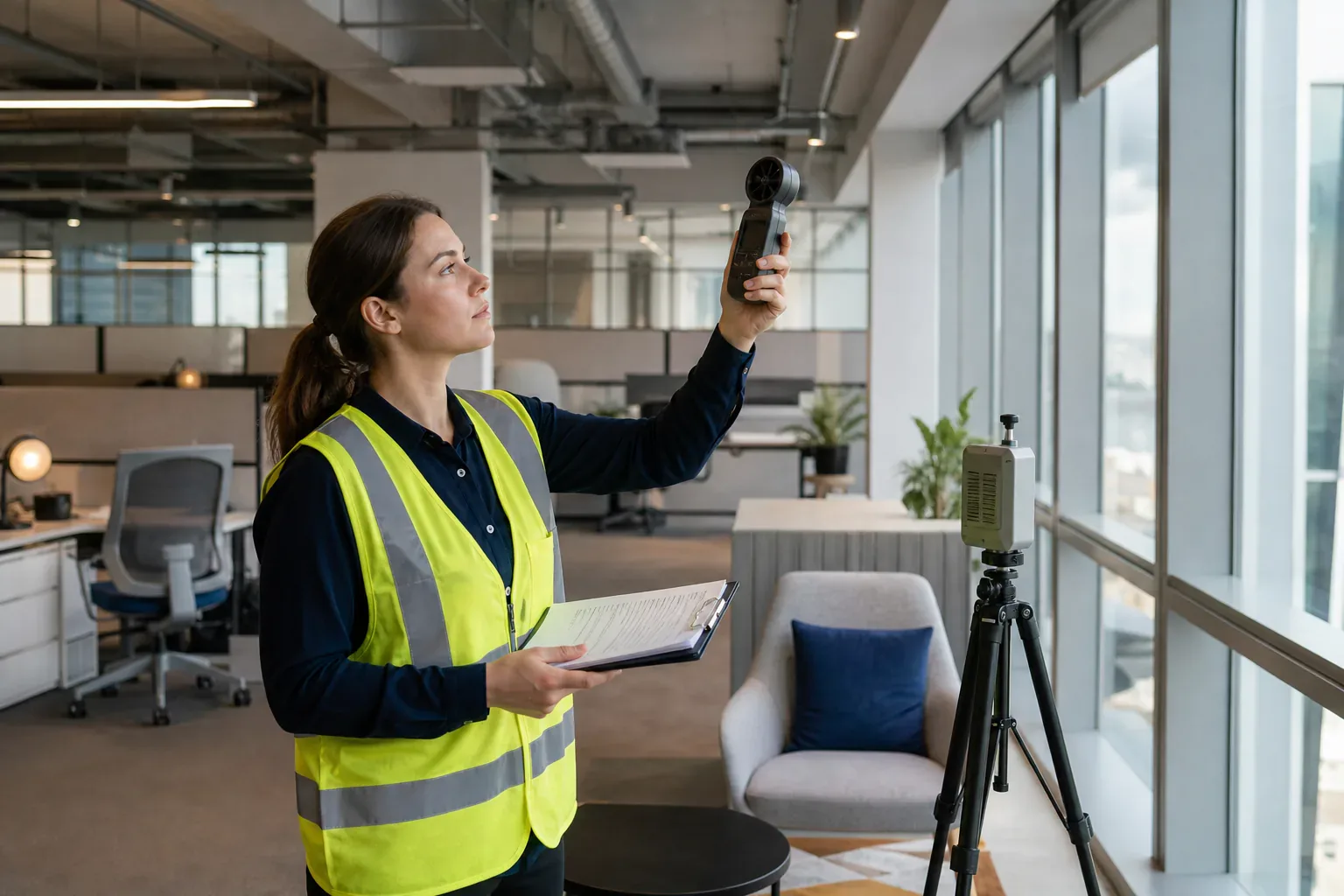 A building specialist measuring indoor air and daylight conditions for certification documentation