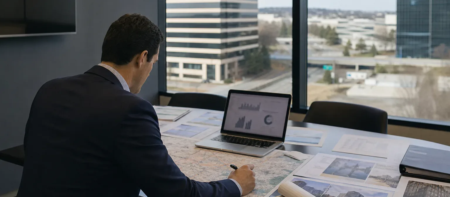 A commercial real estate analyst studying maps, property imagery, and market data