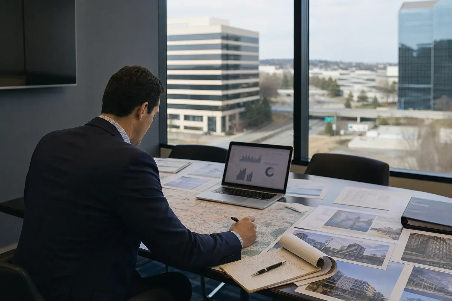 A commercial real estate analyst studying maps, property imagery, and market data