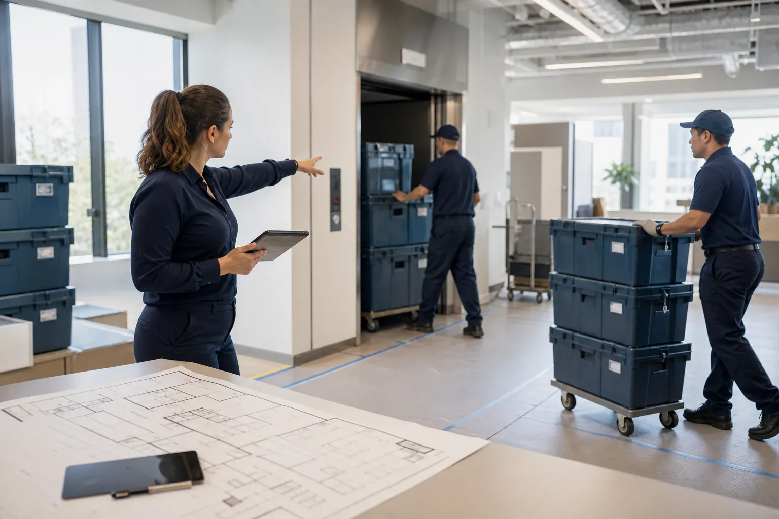 A move manager directing labeled equipment crates through a commercial office