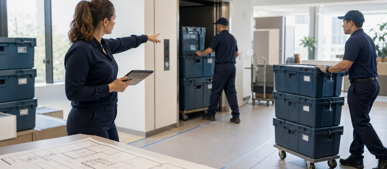A move manager directing labeled equipment crates through a commercial office