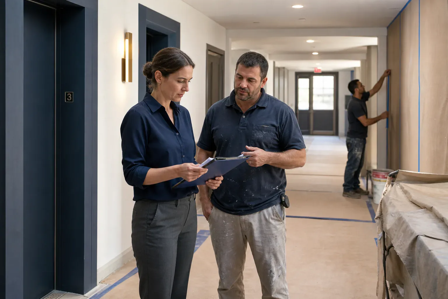 A multifamily property manager reviewing an apartment-turn checklist with a contractor