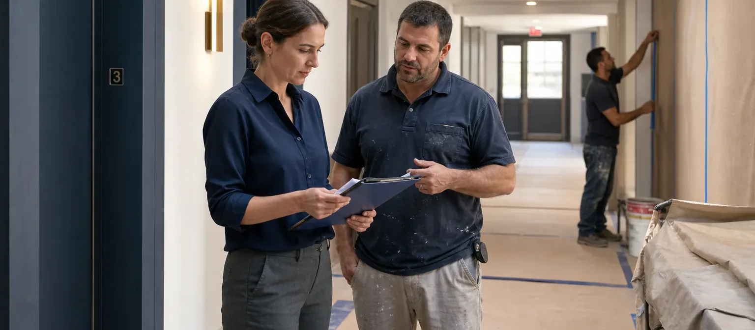 A multifamily property manager reviewing an apartment-turn checklist with a contractor