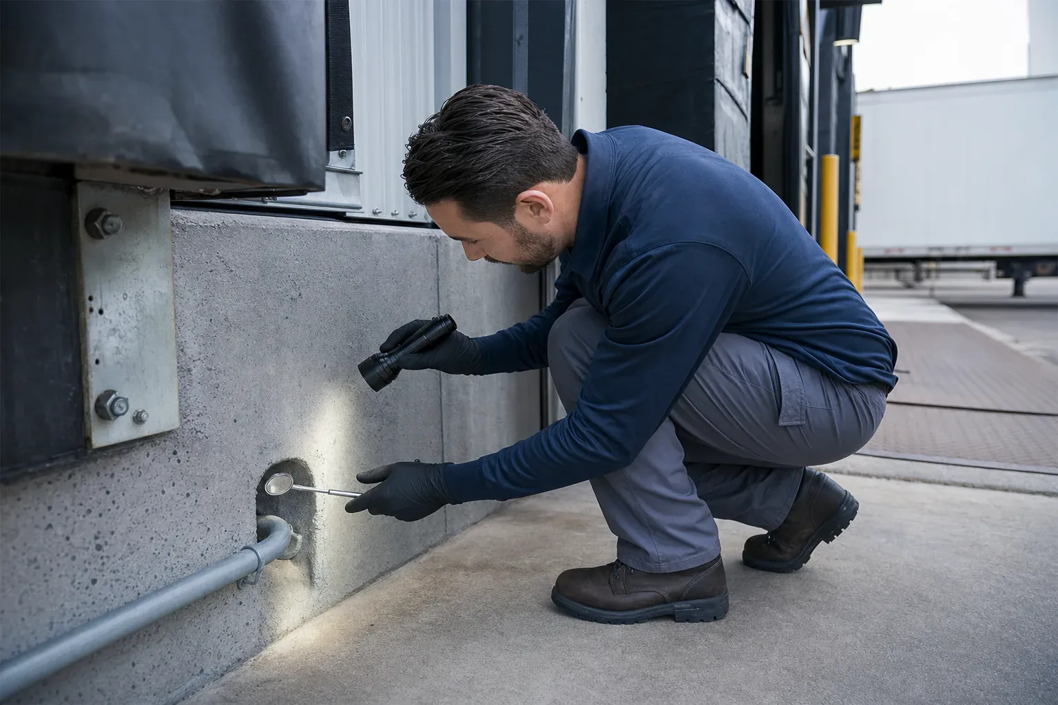 A pest-control specialist inspecting exterior wall penetrations at a commercial loading area