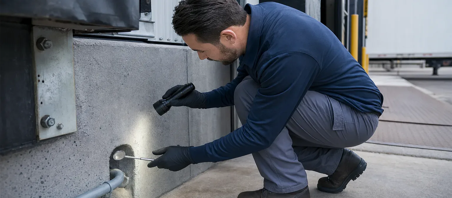 A pest-control specialist inspecting exterior wall penetrations at a commercial loading area
