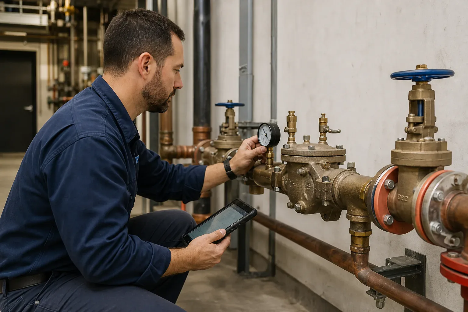 A plumbing technician inspecting a commercial backflow prevention assembly