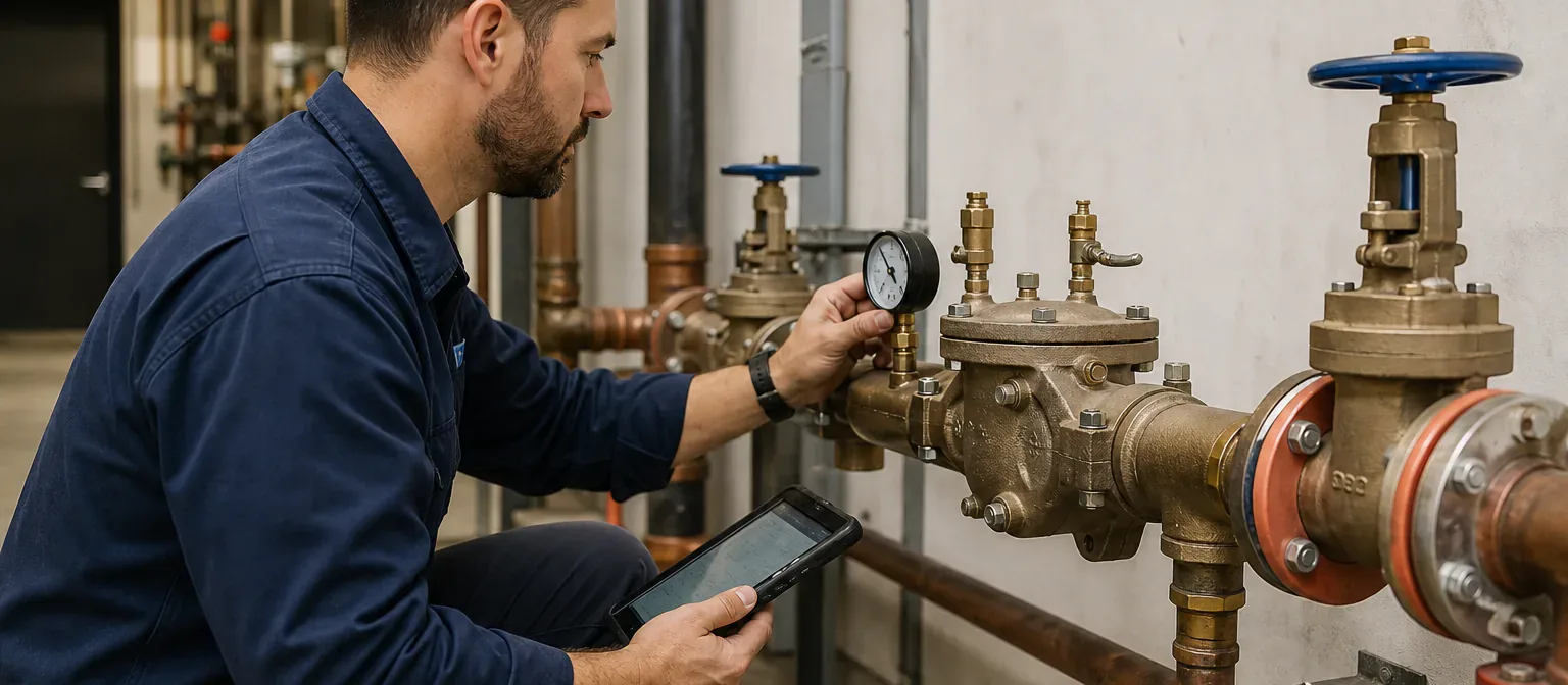A plumbing technician inspecting a commercial backflow prevention assembly