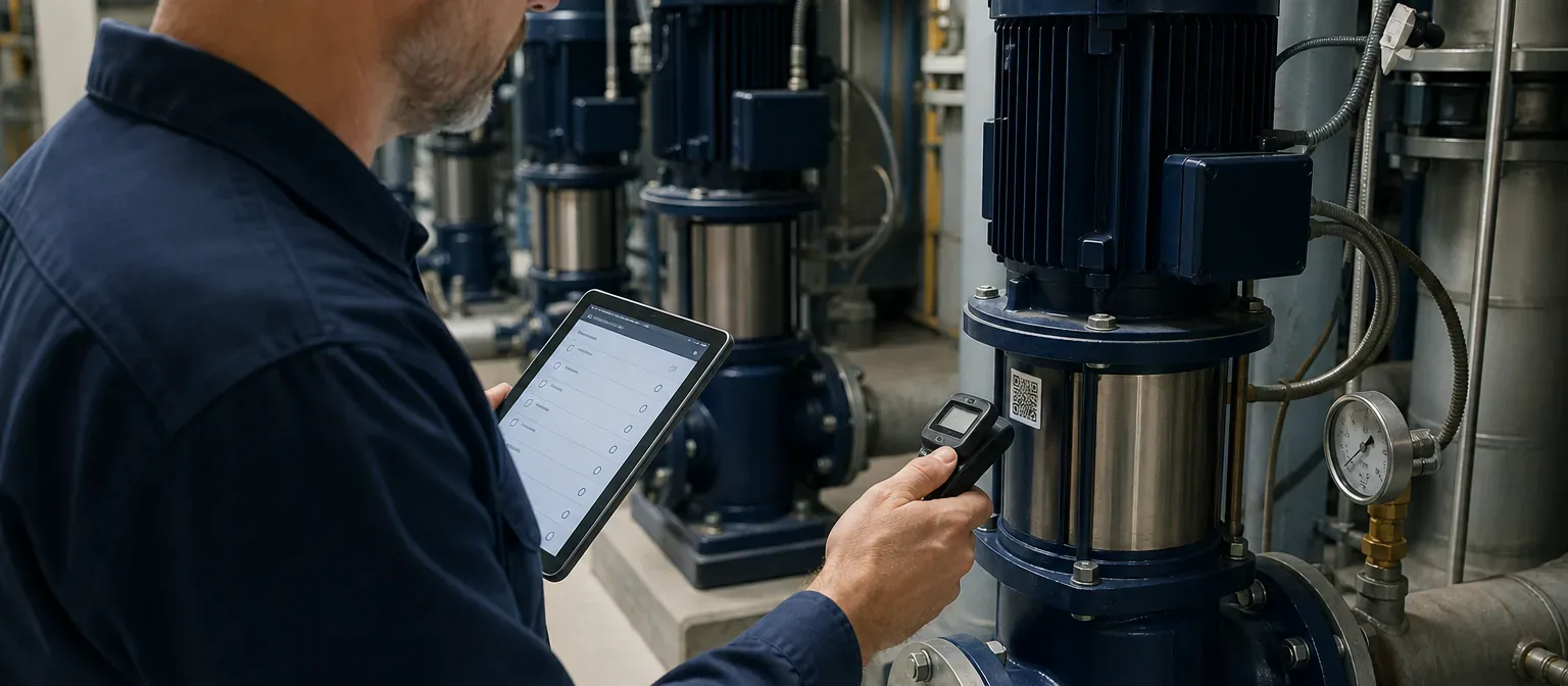 A technician scanning a QR-coded pump during a scheduled preventive maintenance inspection