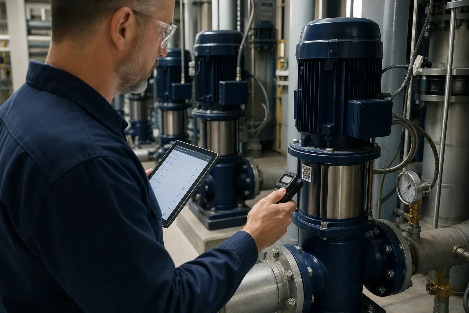 A technician scanning a QR-coded pump during a scheduled preventive maintenance inspection