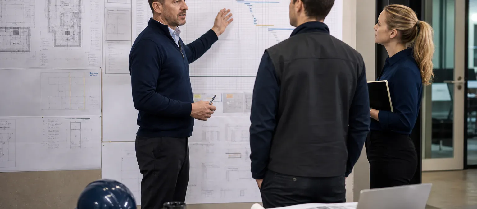 A project manager leading a schedule and coordination review with the delivery team
