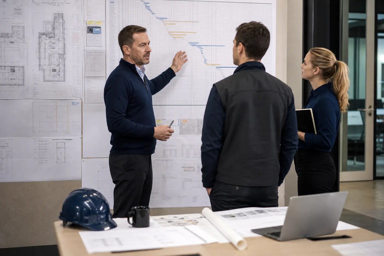 A project manager leading a schedule and coordination review with the delivery team