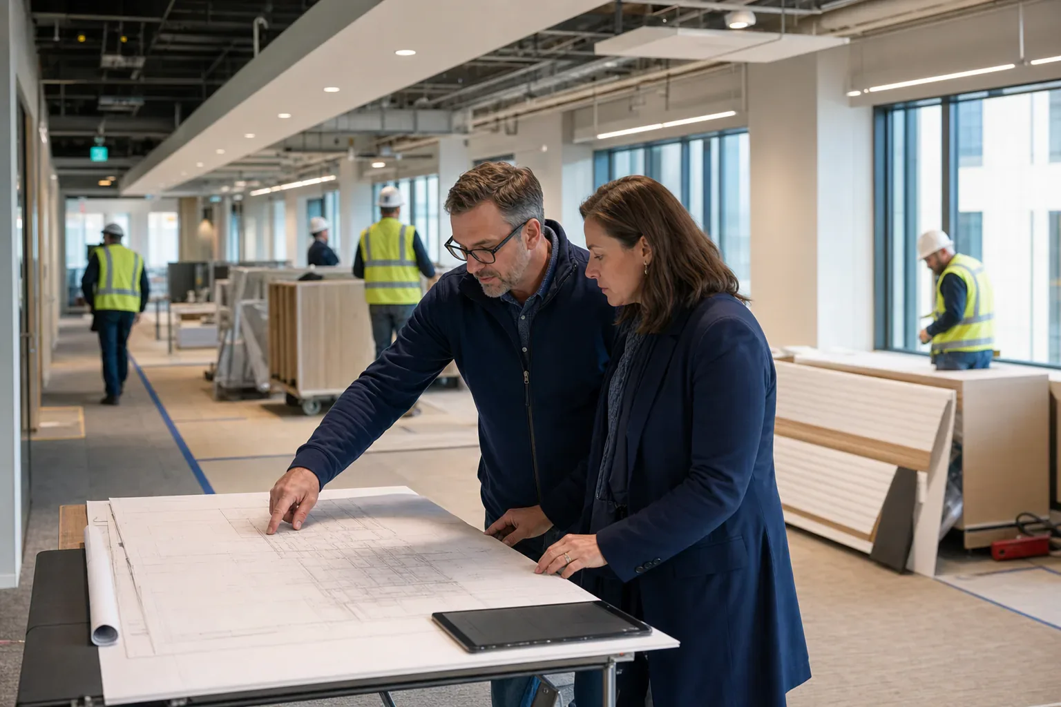 Owner representatives reviewing plans inside an active commercial renovation