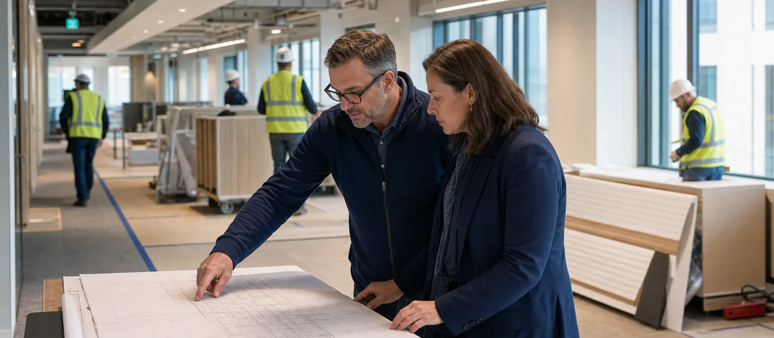 Owner representatives reviewing plans inside an active commercial renovation