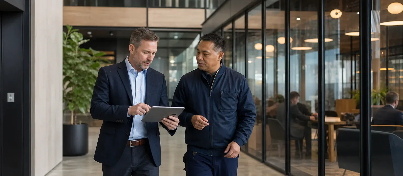 A property manager and building engineer reviewing operations while walking a commercial office