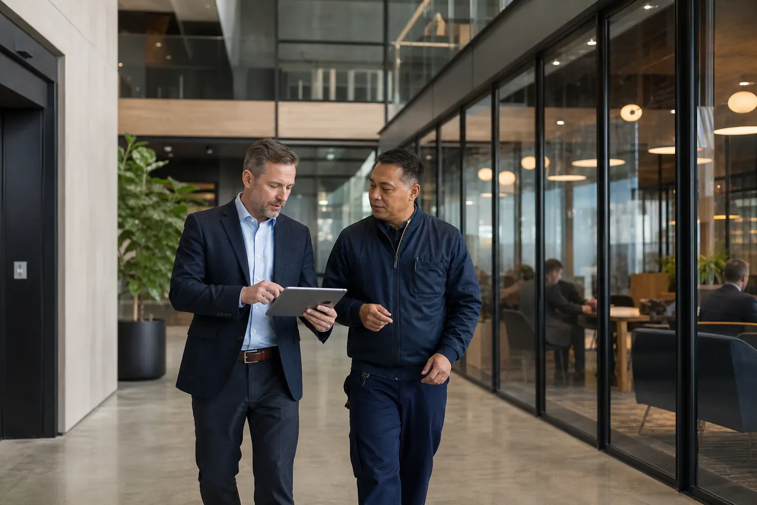 A property manager and building engineer reviewing operations while walking a commercial office