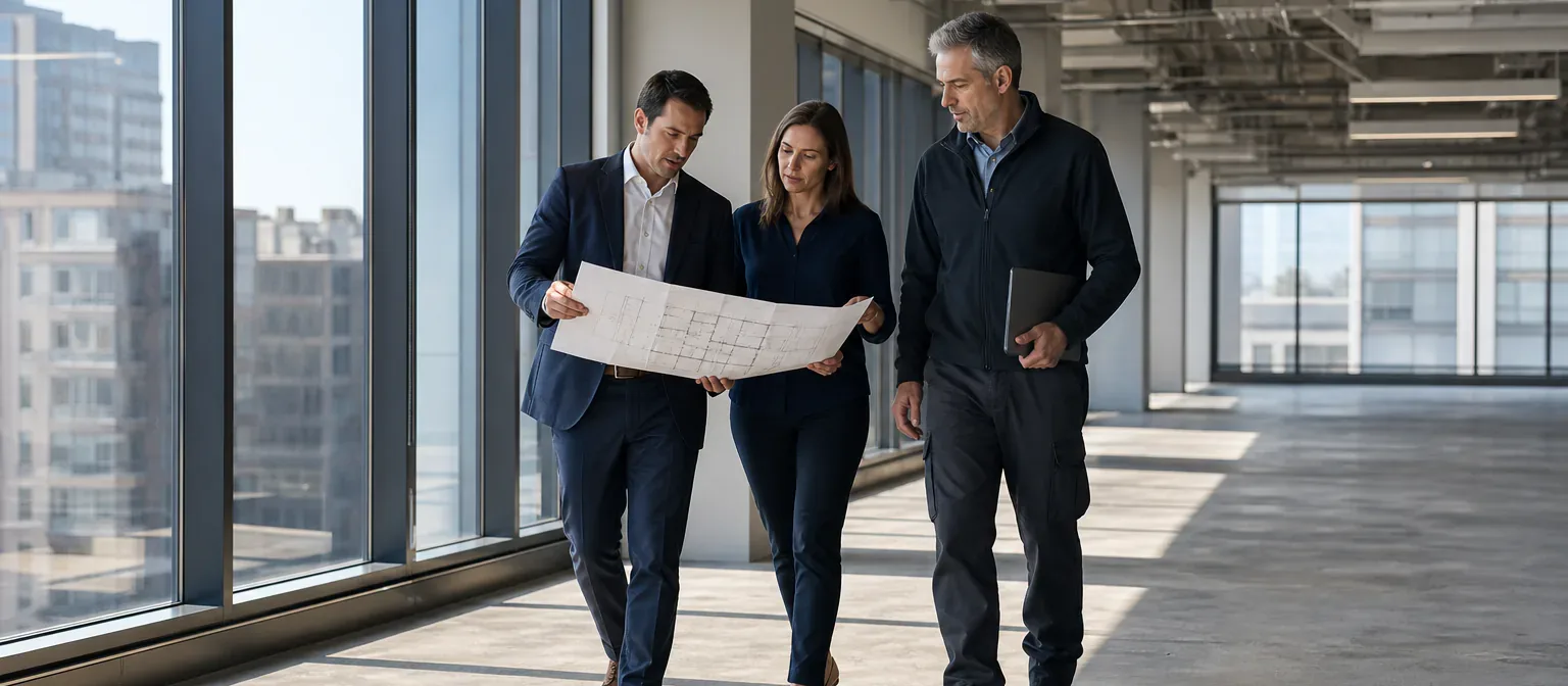 Real estate and operations professionals evaluating a vacant commercial office floor