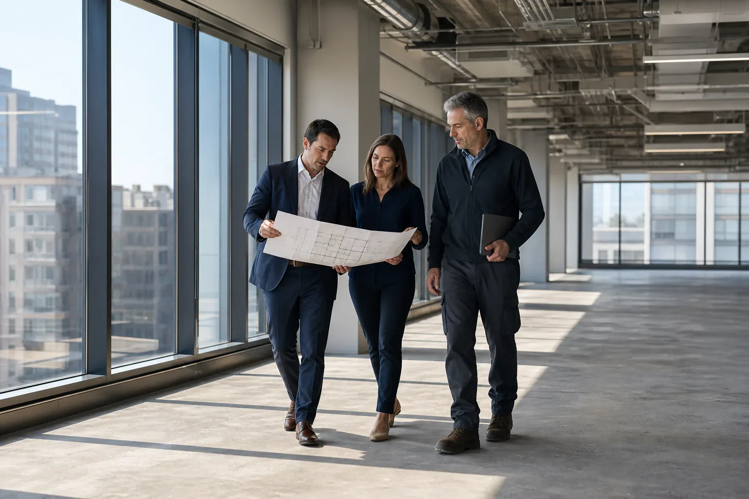 Real estate and operations professionals evaluating a vacant commercial office floor
