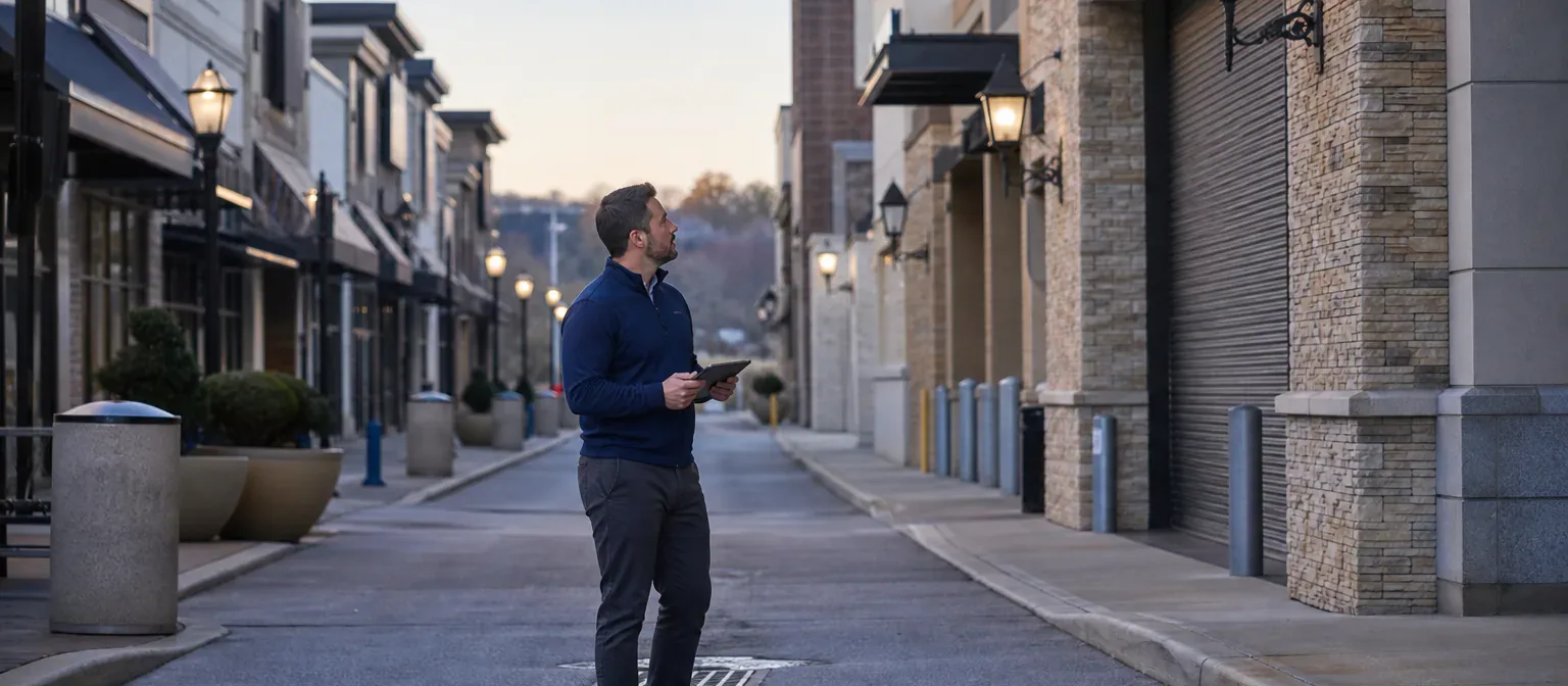 A property manager inspecting storefront and common-area conditions at a shopping center