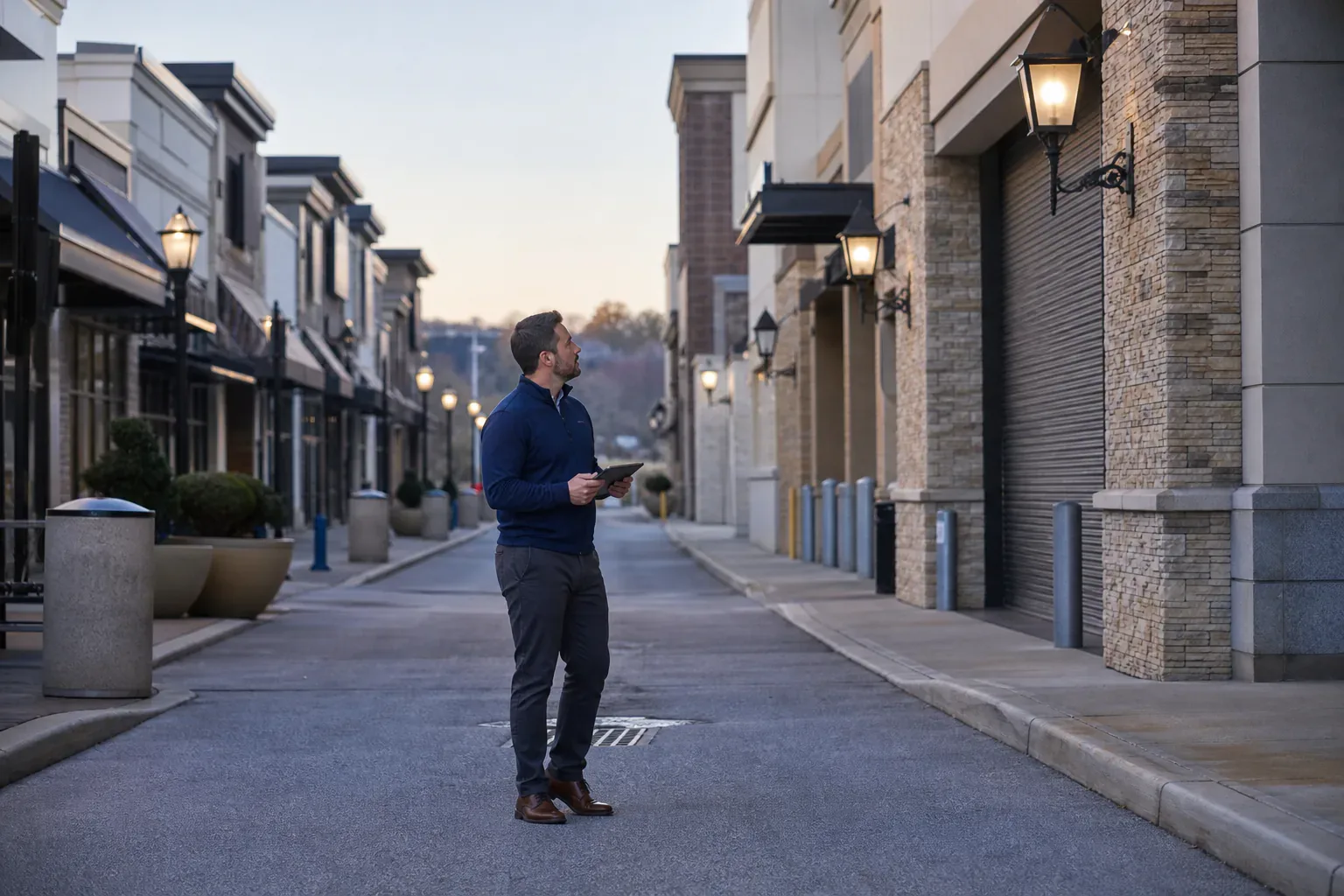 A property manager inspecting storefront and common-area conditions at a shopping center