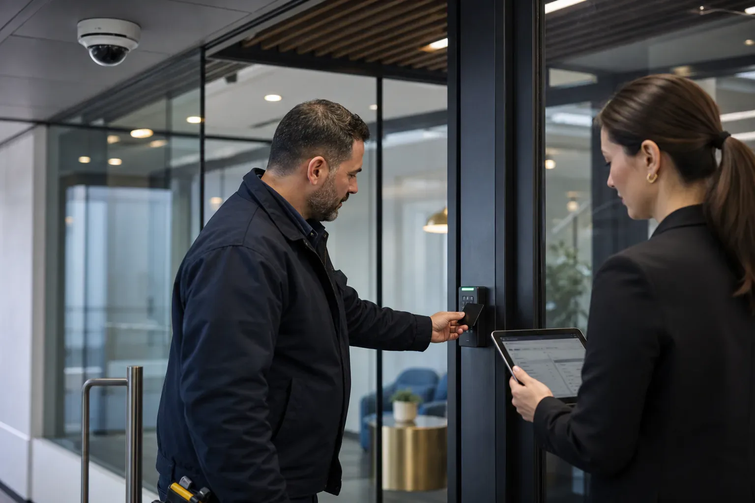 A security technician testing an electronic access-control reader at a commercial entrance