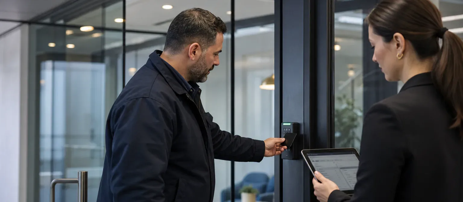 A security technician testing an electronic access-control reader at a commercial entrance