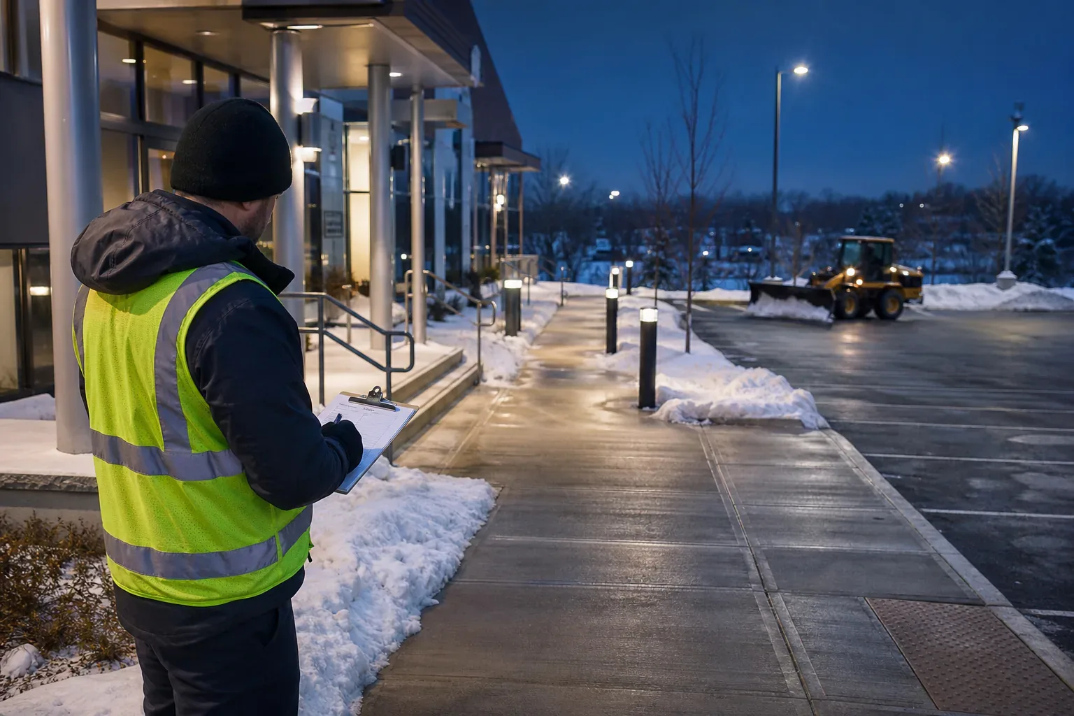 A commercial property with freshly cleared sidewalks and managed snow piles after a winter storm