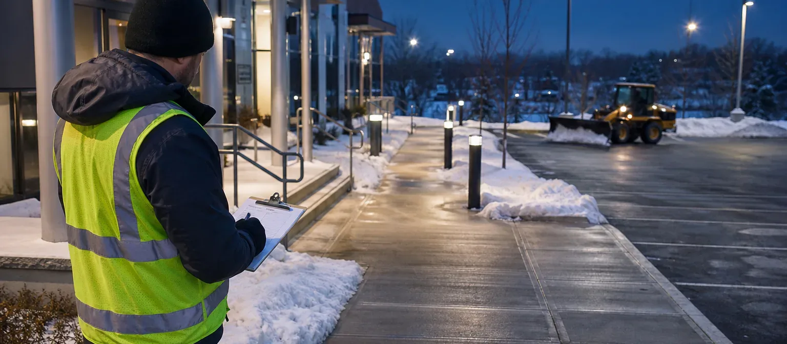 A commercial property with freshly cleared sidewalks and managed snow piles after a winter storm