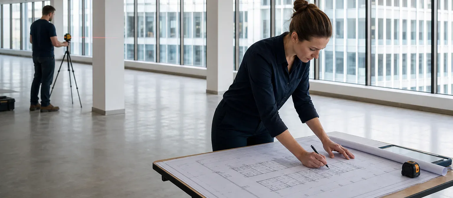 A space planner updating a measured floor plan inside an empty office