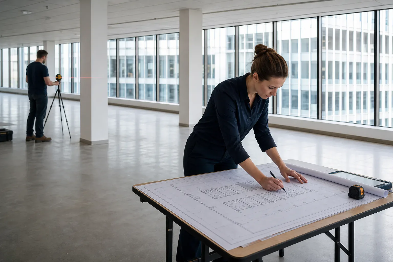 A space planner updating a measured floor plan inside an empty office