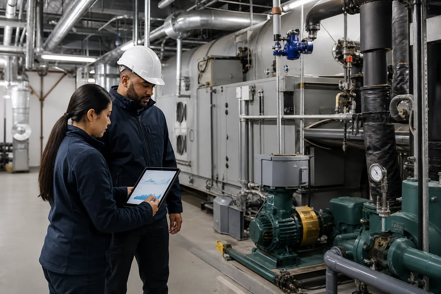 Building engineers reviewing energy performance beside commercial mechanical systems