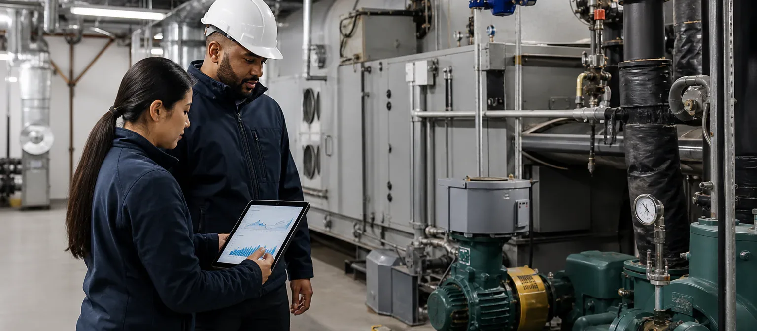 Building engineers reviewing energy performance beside commercial mechanical systems