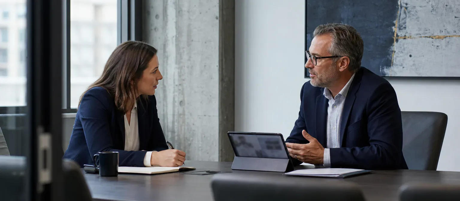A property manager meeting with a commercial tenant in a private conference room
