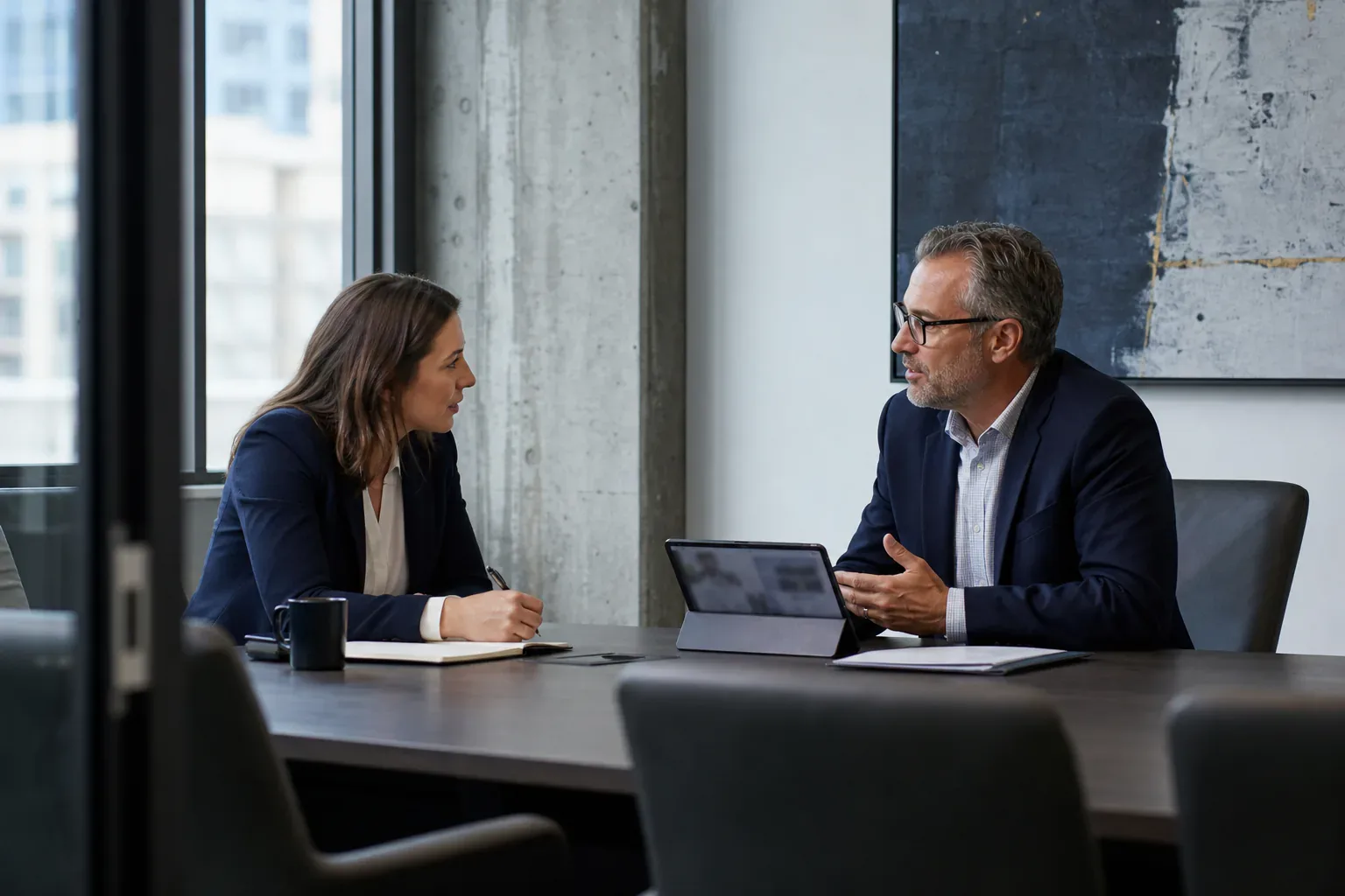 A property manager meeting with a commercial tenant in a private conference room