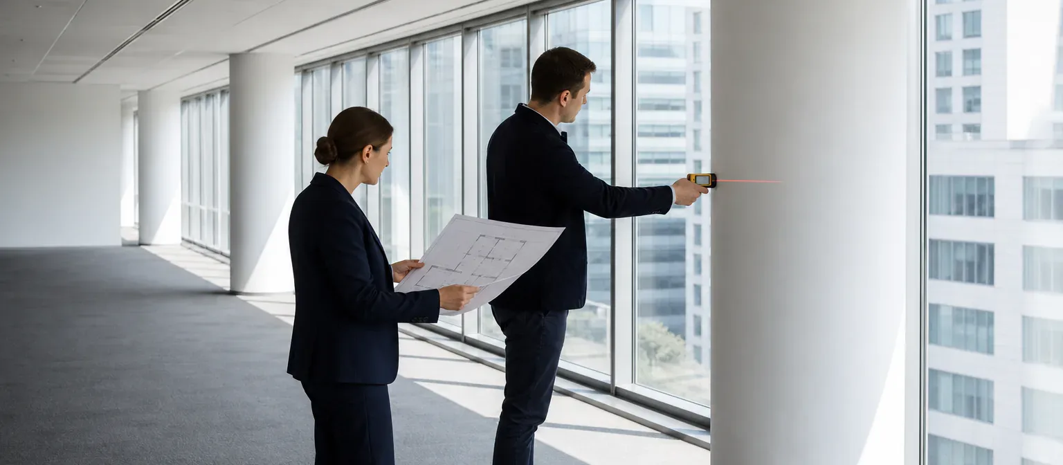 Tenant representatives measuring and evaluating an empty office suite with a floor plan
