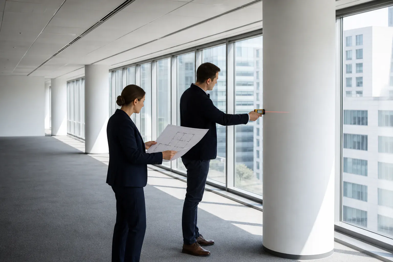 Tenant representatives measuring and evaluating an empty office suite with a floor plan