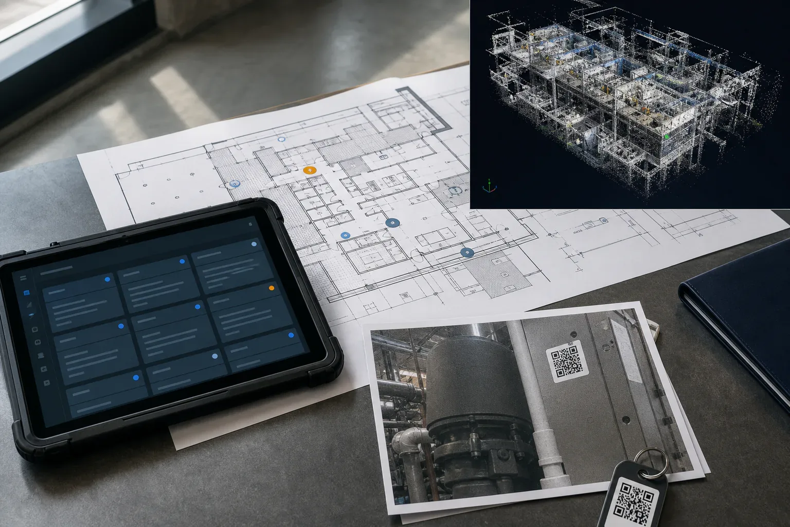 A building operations workspace with an asset dashboard, floor plans, field photos, and a point-cloud model