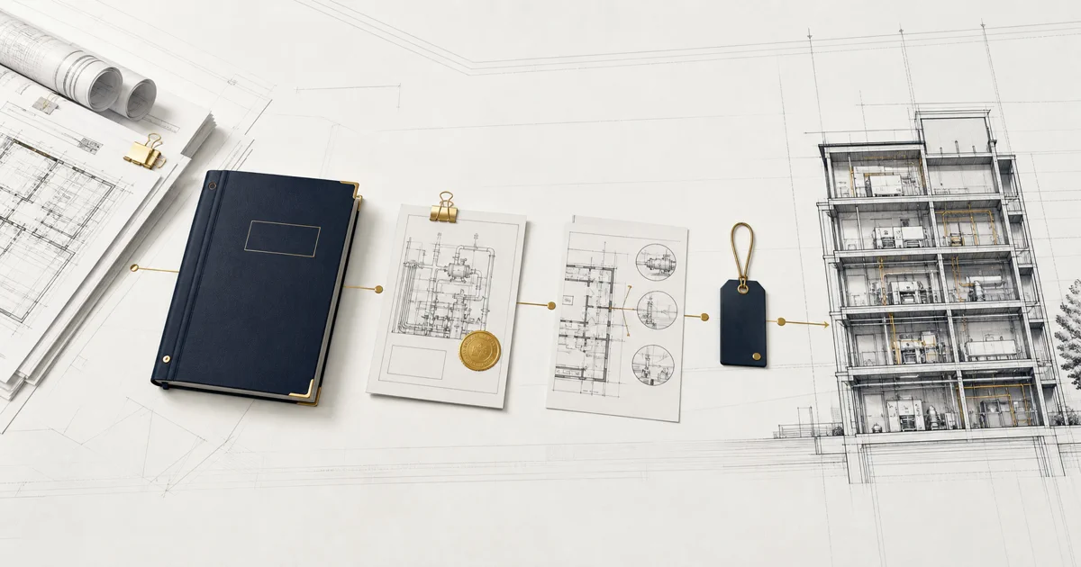 Facility management handover file connecting verified equipment documents to an operational commercial building