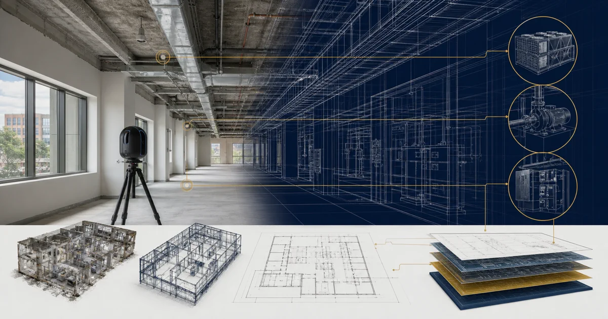 Existing commercial building interior transitioning into a digital twin with 360 capture and structured asset data