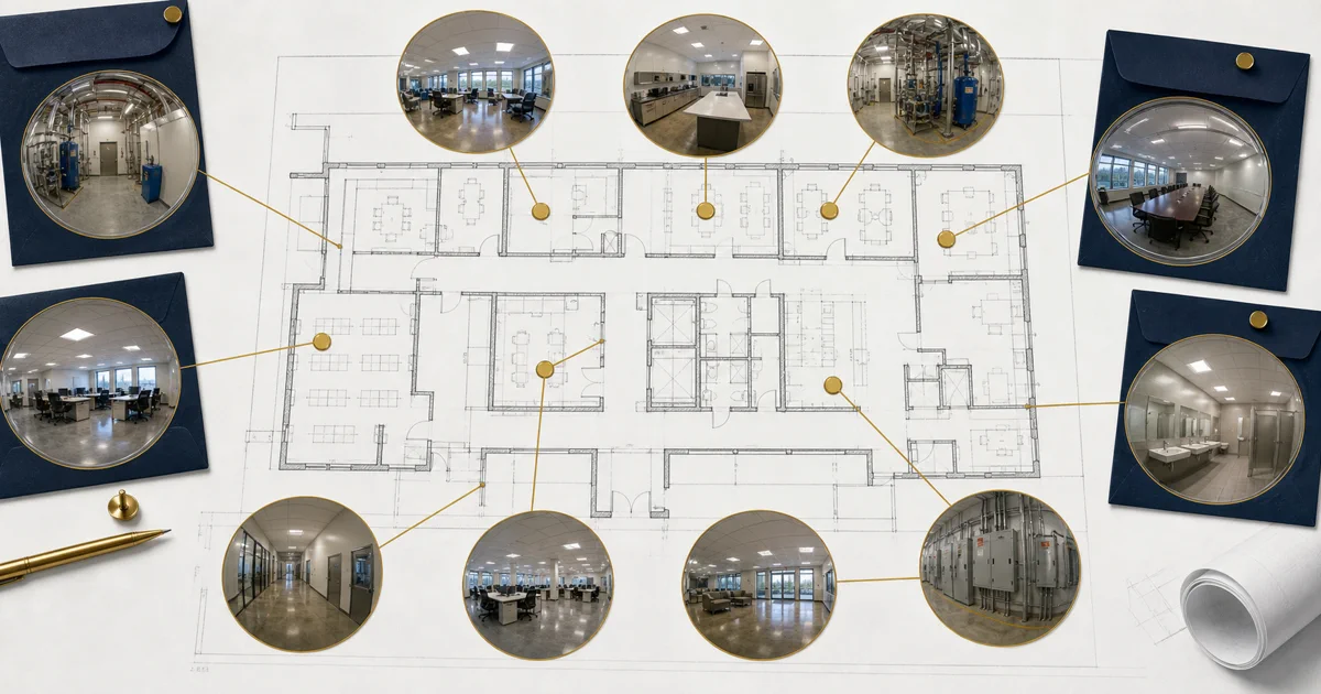 Commercial floor plan linked to spatially indexed 360-degree views of offices and building equipment